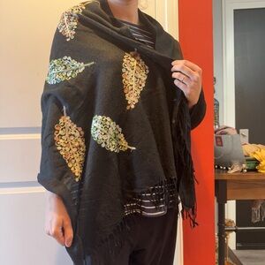 Black Scarf with Embroidered Leaf Design Stole/Poncho